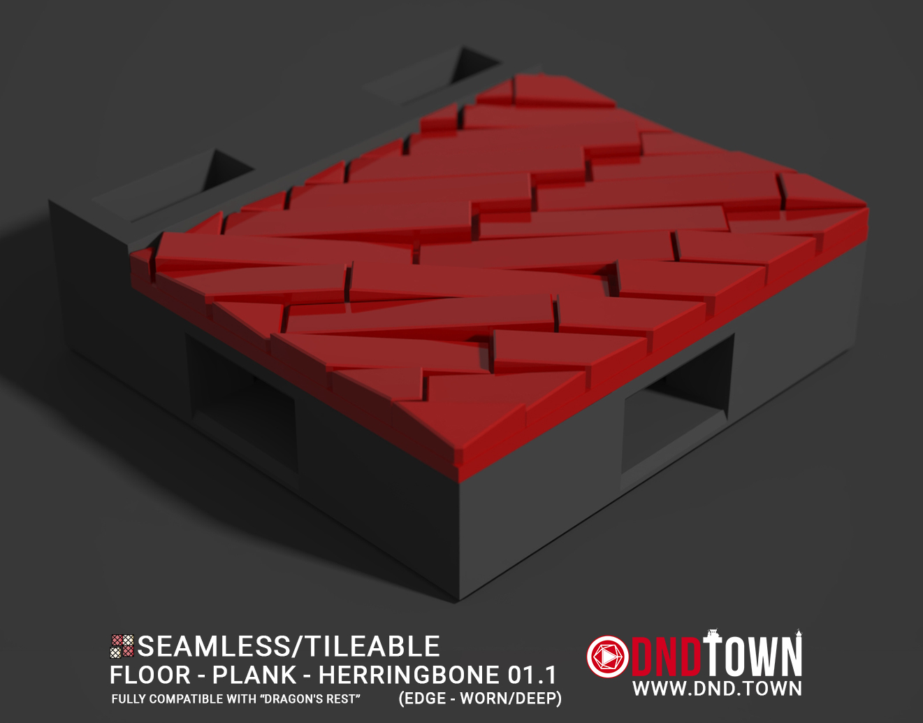 Floor - Plank - Herringbone - Wall Edge 01.1 (WORN/DEEP) - 3D Modular Dungeon Tile - DnD Town Minis (www.dnd.town)